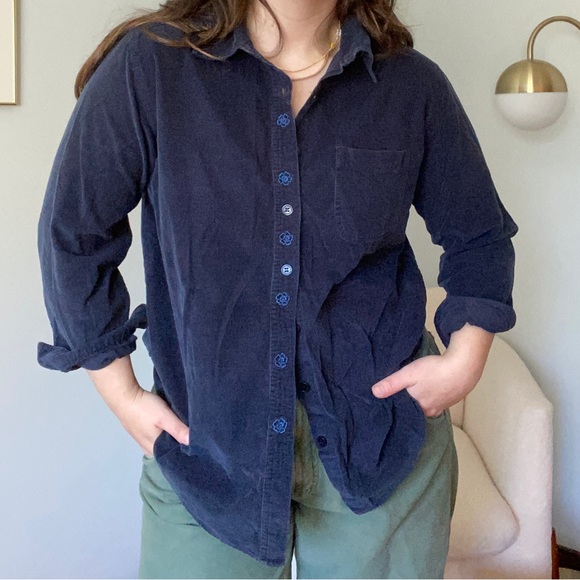 Navy Corduroy Long Sleeve Button Down with Floral Detail - Picture 4 of 6
